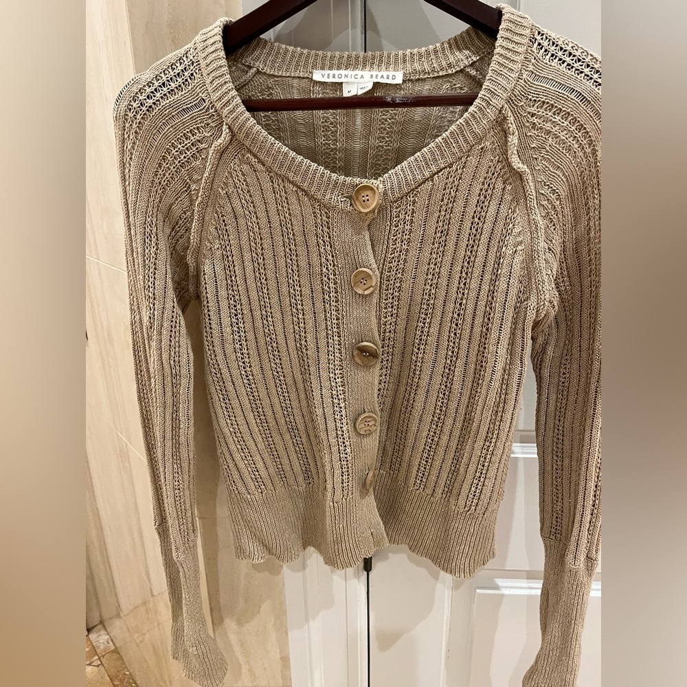 Veronica Beard Tan Cardigan Sweater with Textured Knit